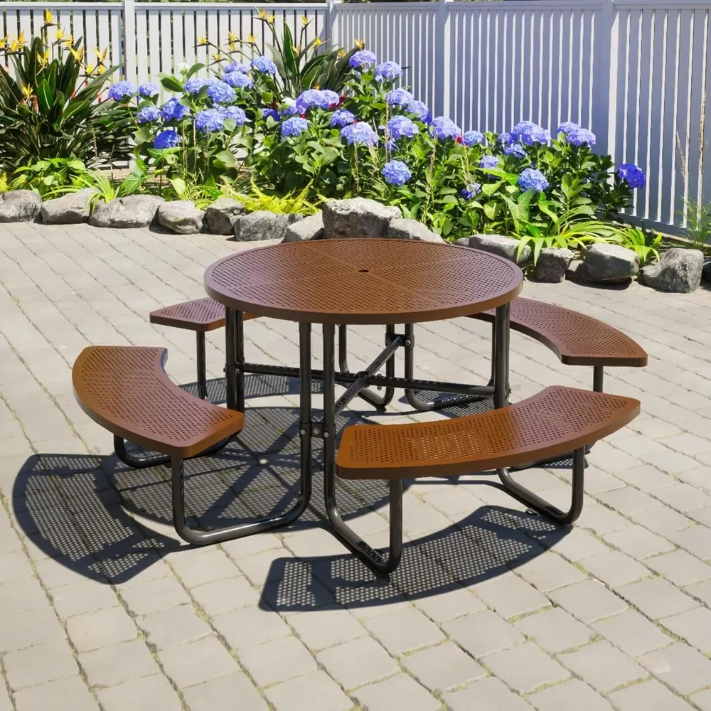 

Round Metal Picnic Table with Umbrella Hole, Steel Portable Picnic Table for Outdoor, Patio, Garden, Courtyard