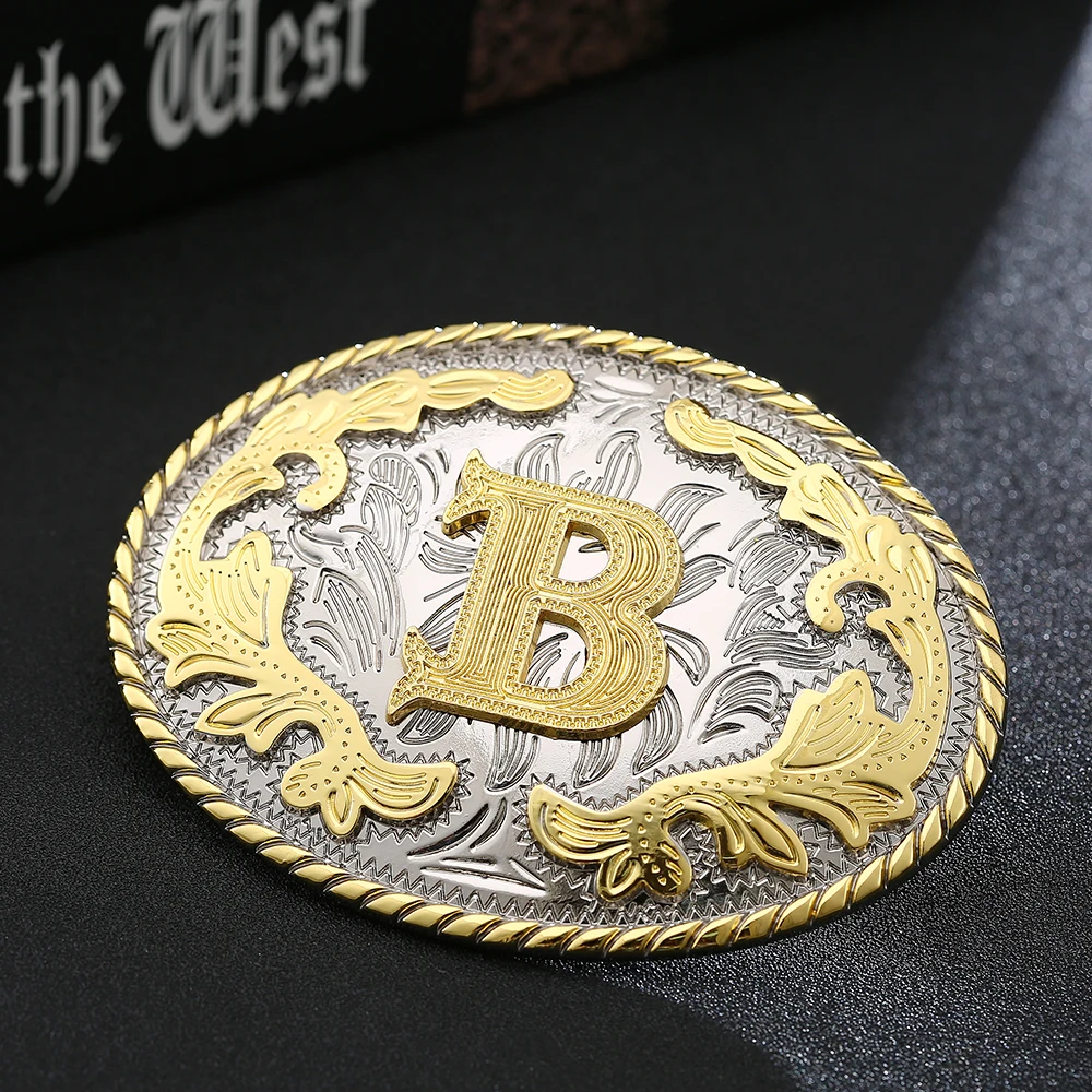 Western Belt Buckle Initial Letters ABCDEFG to Y-Cowboy Rodeo Gold Large Belt Buckle for Men and Women
