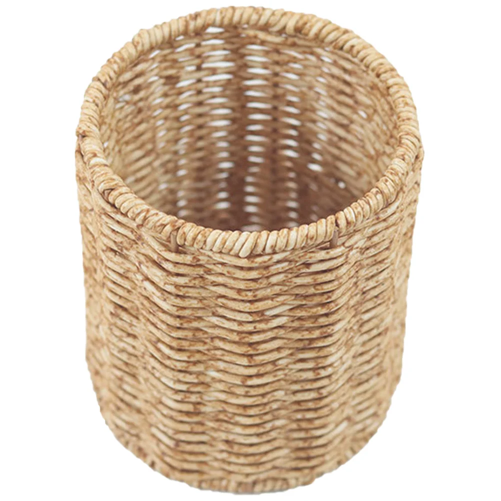 Imitation Rattan Woven Pen Holder Large Capacity Round Pencil Container Desktop Organizer Multifunctional Storage Bin