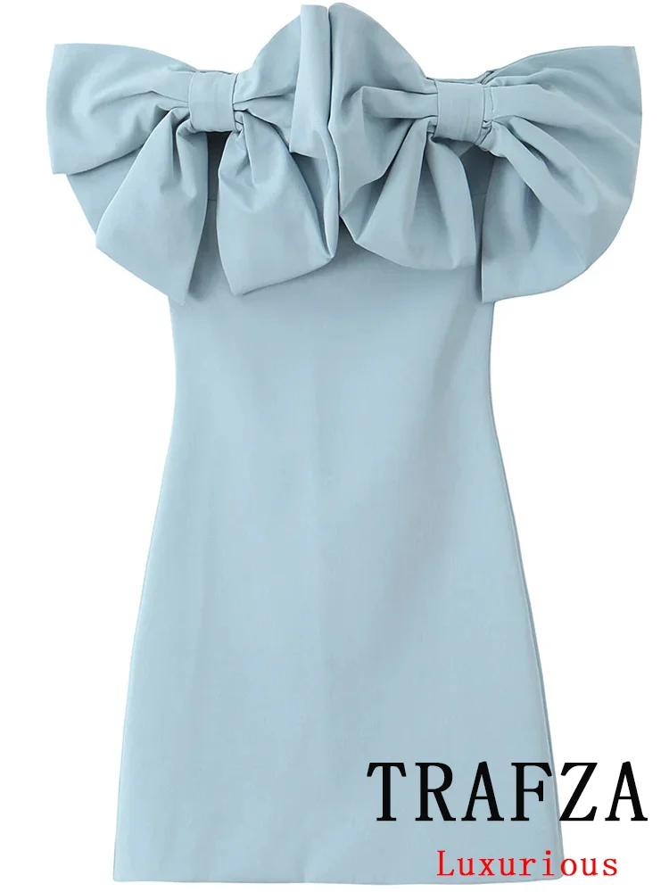 TRAFZA Chic Blue Sexy Women Dress Solid Strapless Bow Sheath Mini Party Dress Fashion 2024 Autumn Evening Club Dress