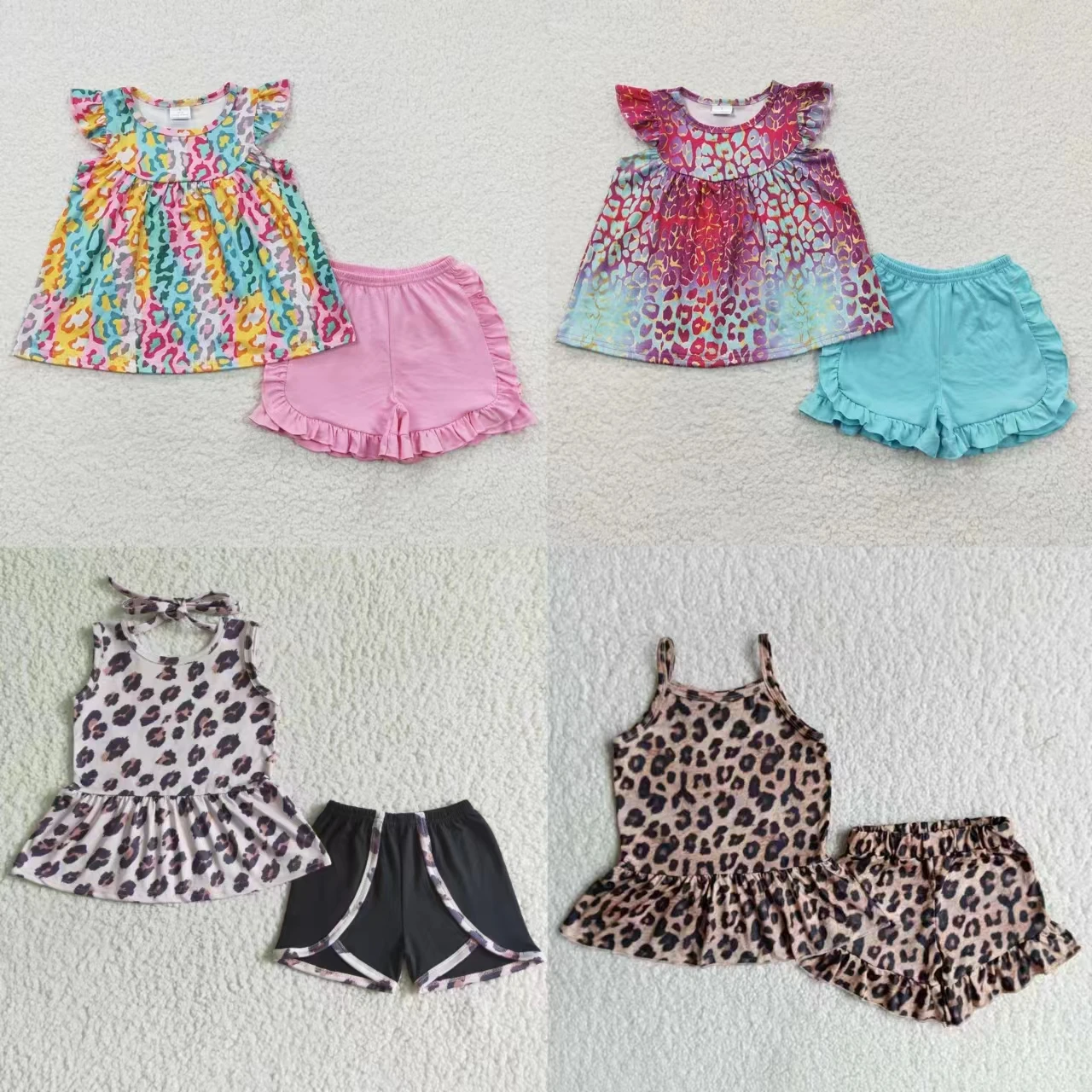 

Wholesale Toddler Summer Leopard Set Short Sleeves Tunic Baby Girl Kid Ruffle Shorts Children Infant Cotton New Design Outfit
