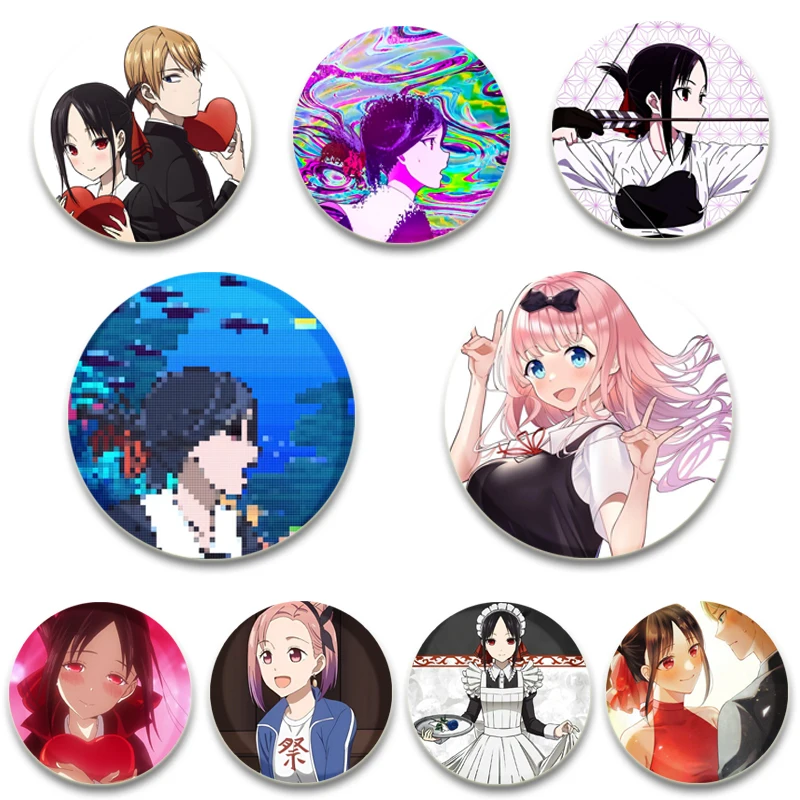 Cartoon Figures Emblema Snap-in Broche para Mochila, Kaguya-sama, Love is War, Ultra Romântico, Anime, Shinomiya, Hayasaka