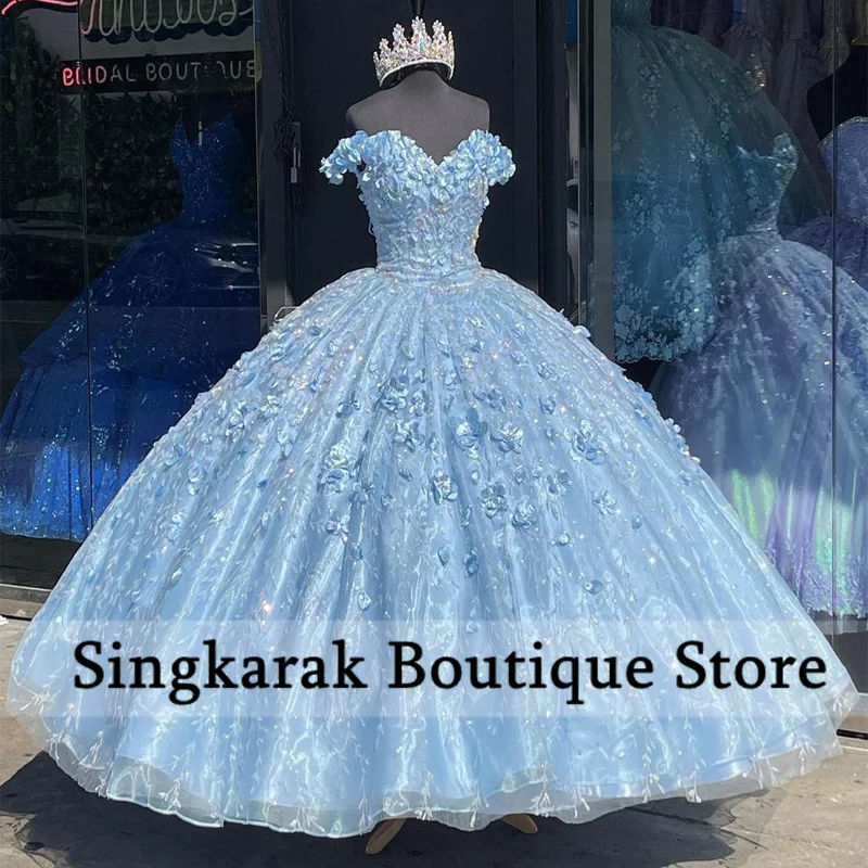 Sweet 16 Sky Blue Princess Quinceanera Dress With Cape Applique 3D Floral Crystal Bead Ball Gown Vestidos De 15 Anos  Customized