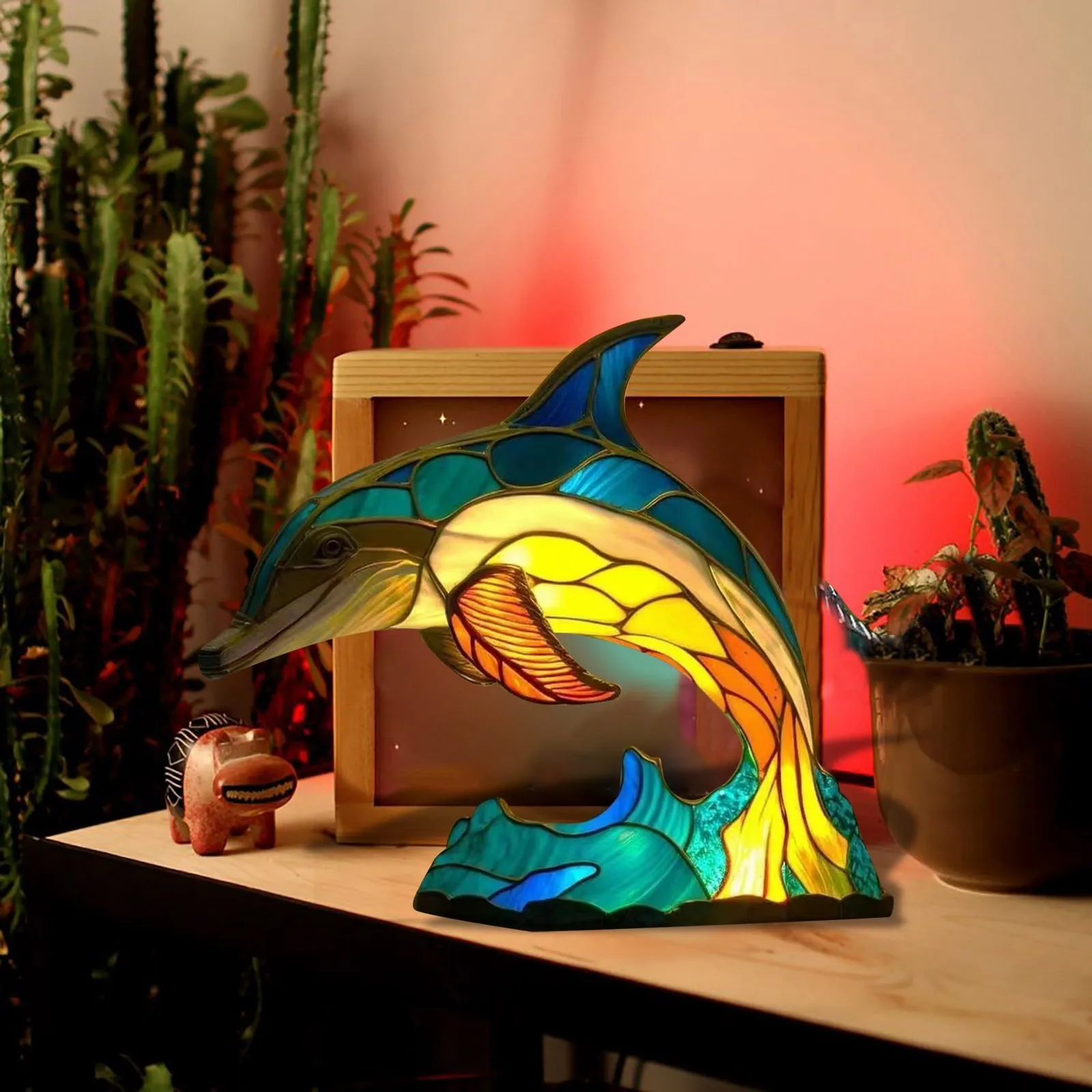 Dolphin Figurine Built In Electronic String Light Animal Table Lamp Resin Sculpture Desktop Ornament For Home Office Decoration