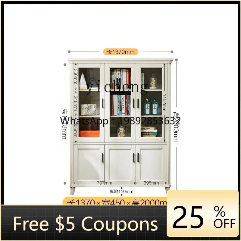 

ZZ White Cream Style Pure Solid Wood Bookshelf Living Room Floor Bookcase Glass Door Integrated Wall Shelf Study