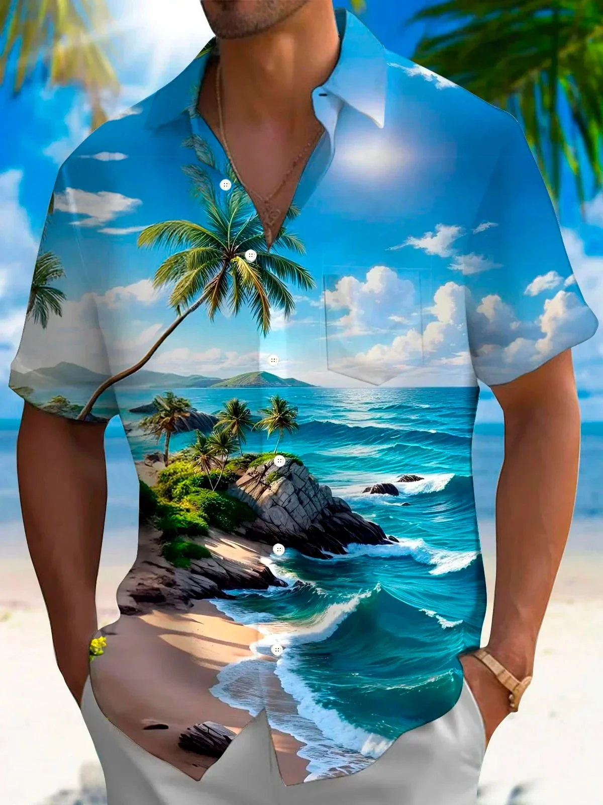 Hawaiian Casual Polyester Shirt, Men, Short Sleeve, Colorful, Surfing, Palm, AMP, Summer