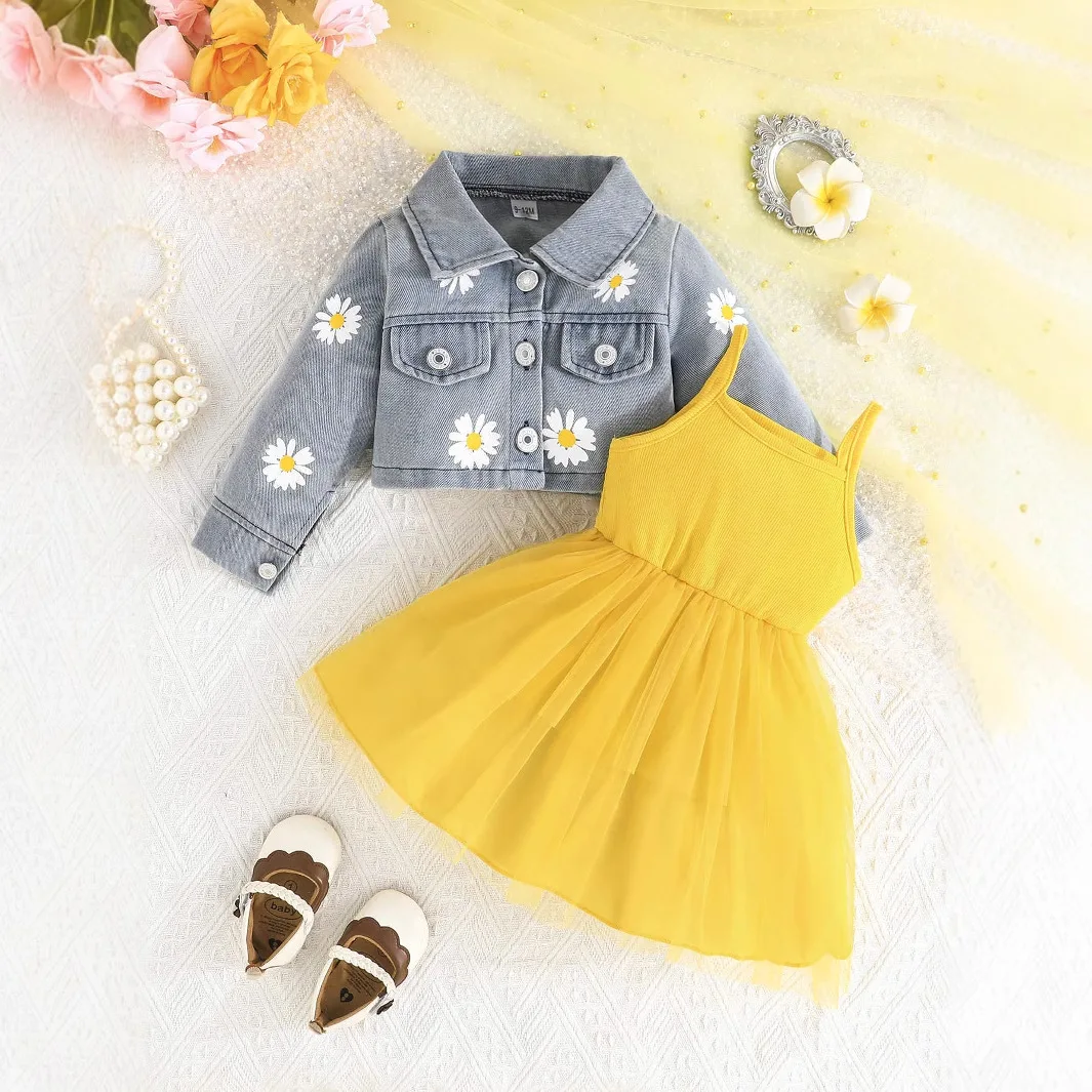 2Piece Sets Spring Autumn Toddler Girl Outfits Korean Fashion Denim Flowers Coat+Mesh Cotton Princess Dress Baby Clothes BC282