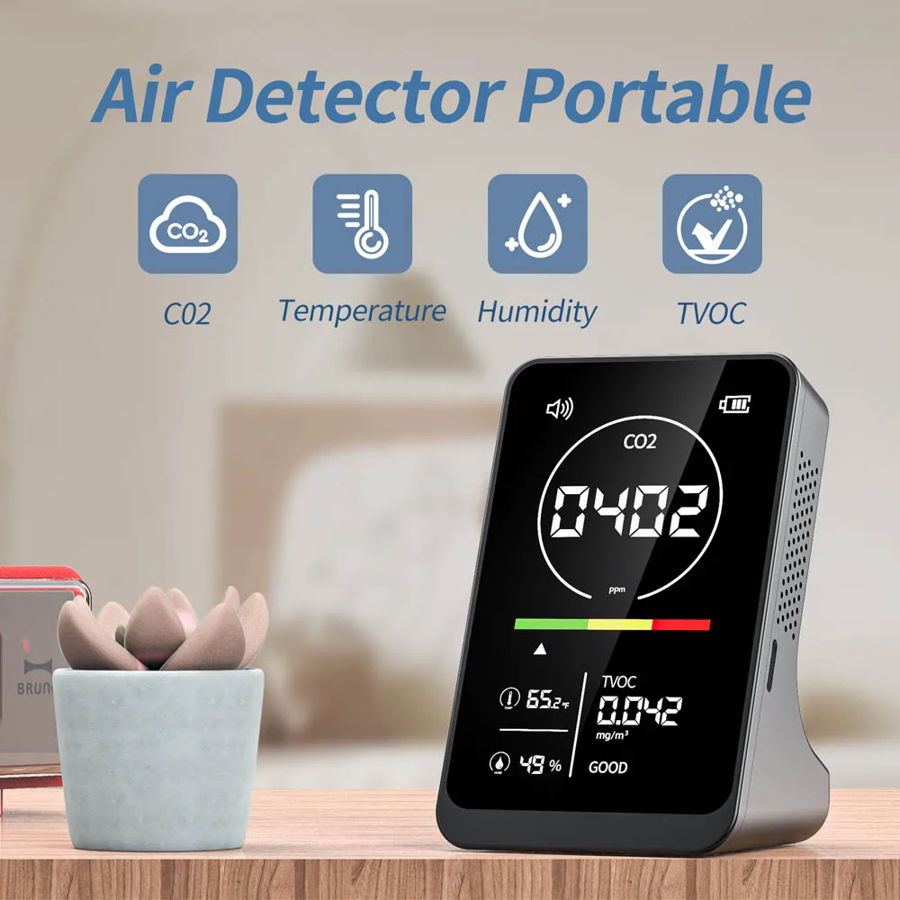 

4 in 1 CO2 Detector Infrared Sensor Air Quality Monitor CO2 TVOC Temperature Humidity Tester with Color Indicator 2500mAh Hotel