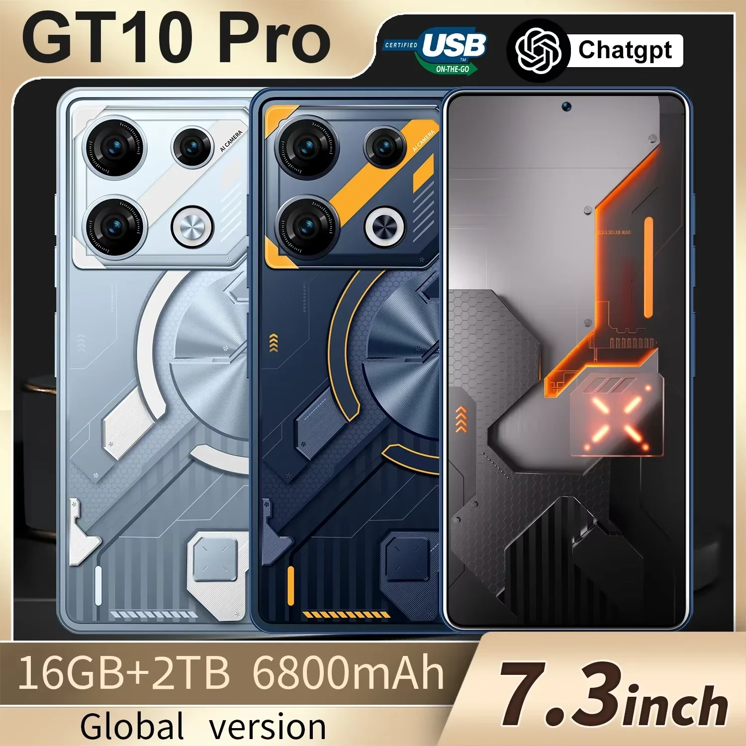 

2024 Global Version Cellphones GT10 Pro Smartphone 4G 5G 7.3 HD 6800mAh Cell Phone 108MP Dual Sim Android 13 Smart Mobile Phones