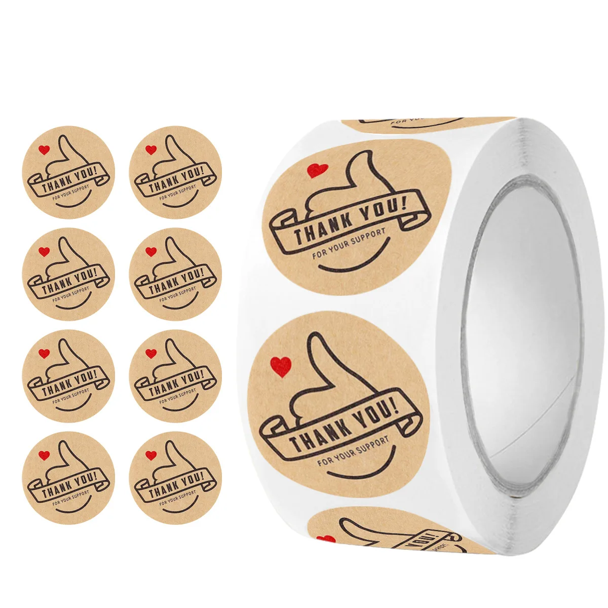 500 pieces of kraft paper stickers, featuring red heart-shaped thumb thank you stickers, perfect for decorating gift seals