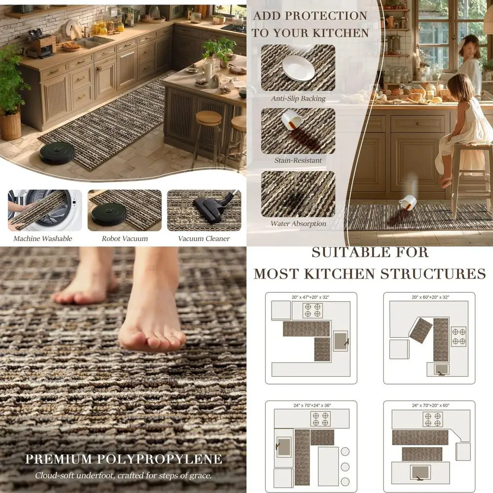 

Pair of Non-Slip Stain-Resistant Vintage Kitchen Floor Mats - Thick & Washable, Brown 24x70 & 20x47