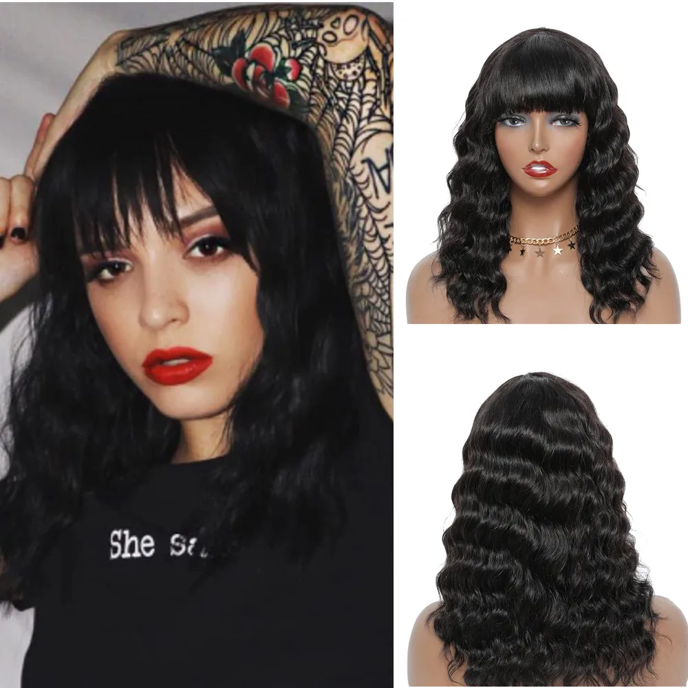 Body Wave Human Hair Wigs With Bangs Brazilian 18 Inch Full Machine Made Wig With Bang Long Natural Remy Human Hair For Women