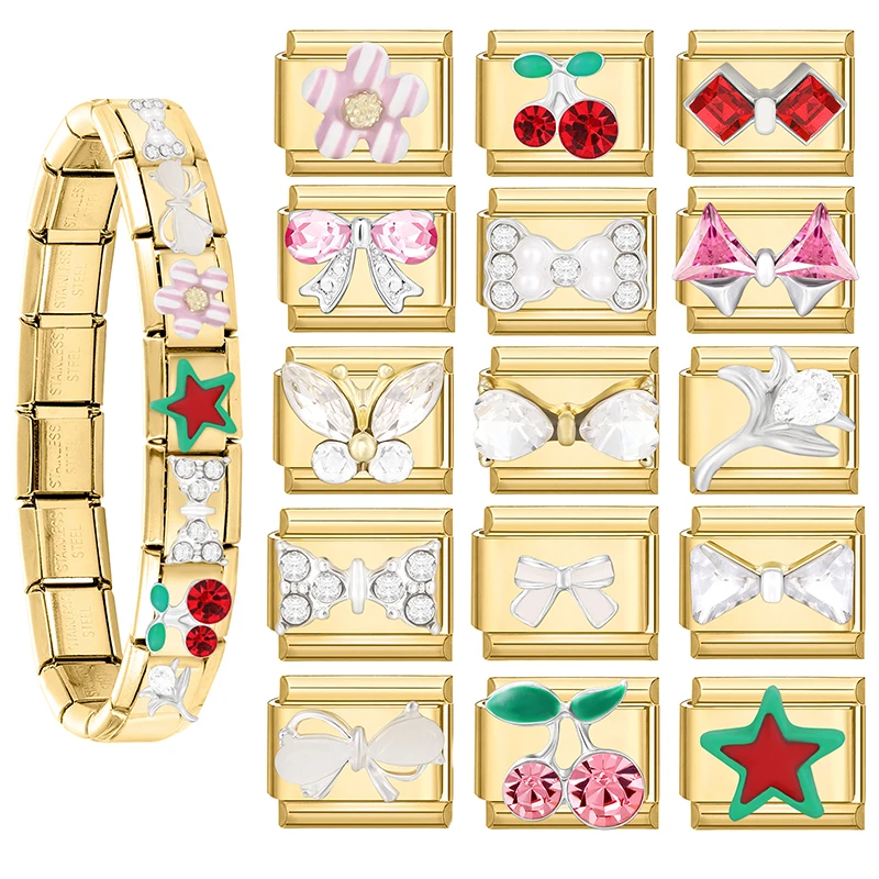 Золотой-цвет-Звезда-Сердце-Бабочка-Кошка-Лук-Узел-Итальянские-Очаровательные-Ланки-Нержавеющая-Сталь-Подходит-9-мм-Изготовление-Браслетов-diy-Ювелирных-Изделий