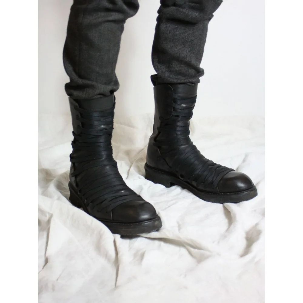 

Side Cross Tied Black Walking Boots Fashion Men's Mid-calf Knight Boots Flat Round Toe Solid Back Zipper Western Chelsae Boots