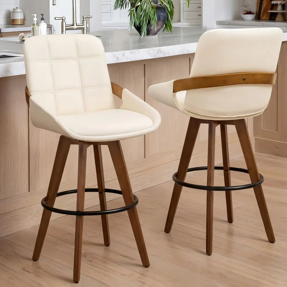 

Century Modern Swivel Bar Stools Set of 2, 29 Bar Height, holstered Faux Leather Seat with Curved Bentwood Back amp Arms, Sol