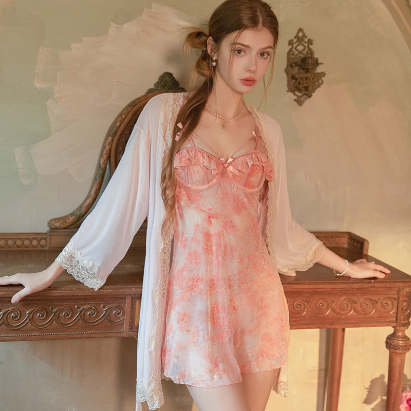 

Sweet Push Up Bra Robe Sleepwear Sexy Female Lingerie Hot Night Dress Sexys Shopping Nightwear Women Babydoll Nightgowns Set