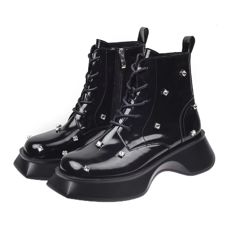 

British Women's Motorcycle Boots Lace-up Platform Knight Boots Japanese Rivet Gorgeous Rhinestone Women's Boots Dropshipping