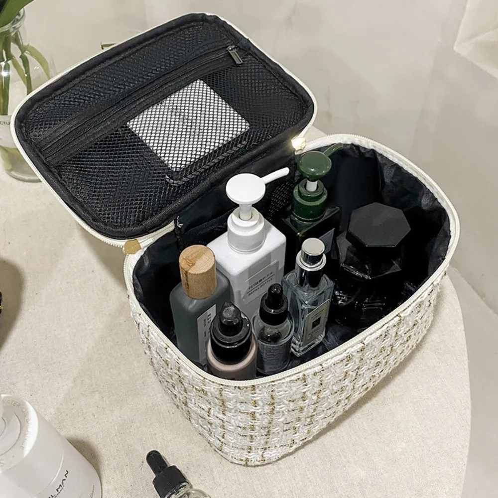 New Korean Style Plaid Portable Small Fragrance Cosmetic Bag Large Capacity Portable Toiletry Storage Bag Makeup Box Travel