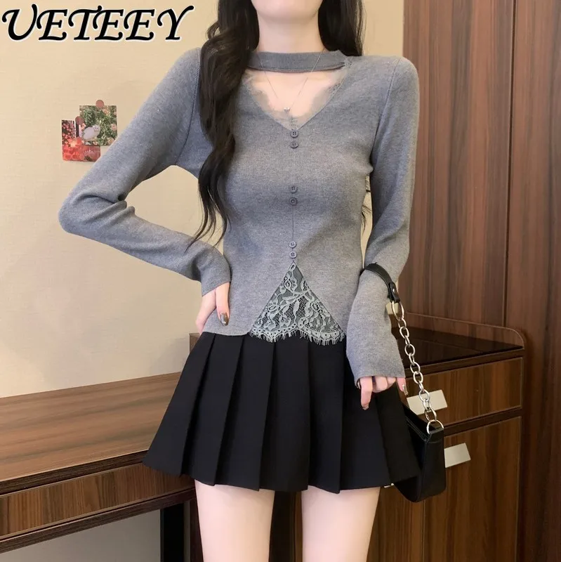 

Fashion Stretch Slim Knitted Shirt Women 2025 Early Autumn Atmosphere Beautiful Lace Patchwork Hollow Long Sleeve Sweater Top