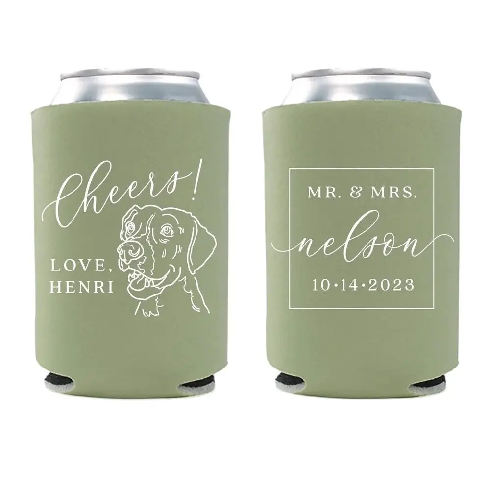 Wedding Can Cooler #204R - Custom Pet Illustration - Cheers - Wedding Favors, Beverage Holder, Wedding Favor, Can Holder, Can In