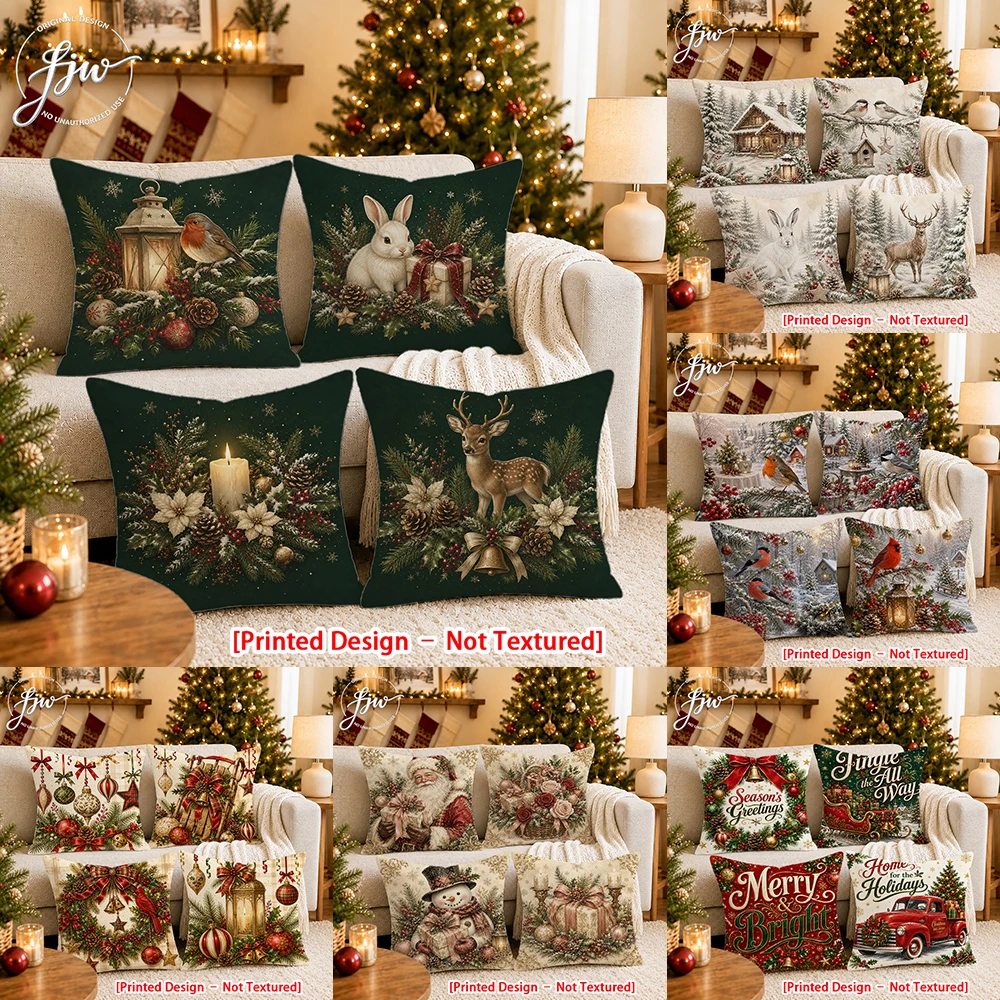[Printed Design – Not Textured]-4pcs Vintage Christmas Farmhouse Throw Pillow Covers New Year party decoration cushion Cover