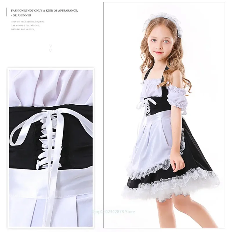 French Style Kids Lovely Maid Cosplay Costume for Girls Lolita Uniform Children Stage Performance Holder Dress Halloween Gift