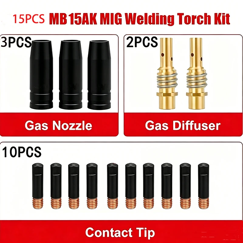 15-Piece Set 15Ak Mig New Black-Coated Non-Stick Welding Slag Protection Nozzle European-Style Welding Torch Accessories Nozzle High-Temperature Resistant Protective Cover Mig Welding Machine Contact Tip