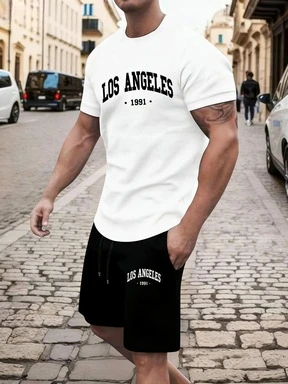 

Мужские летние комплекты: футболка оверсайз с графическим принтом Los Angeles и шорты, 2 предмета, новая модная коллекция 2025 года