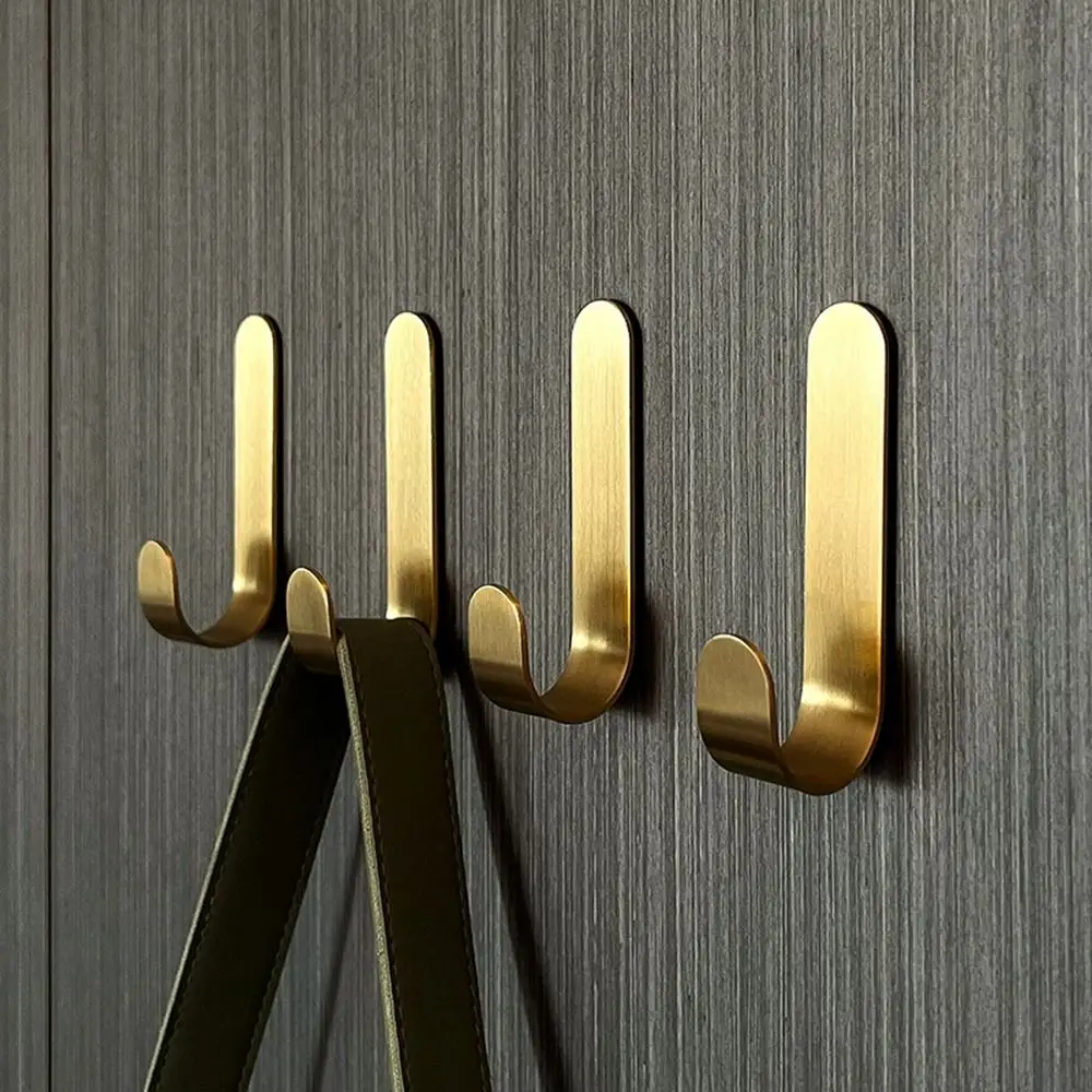 Brass Wall Hook Self Adhesive Brass Hooks Behind-door Key Clothes Hanger Hook J Shaped Towel Holder Bathroom Kitchen Accessories