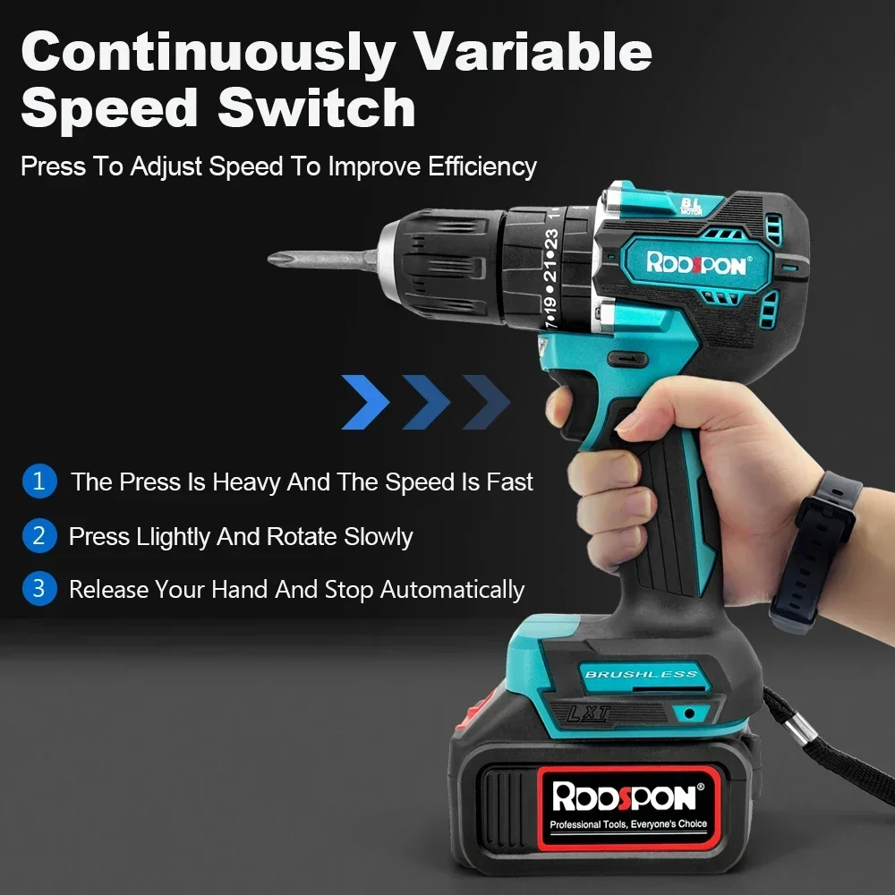 RDDSPON cordless drill 21v 10mm brushless motor 120N/M screwdriver drill high torque lithium battery power tool with battery