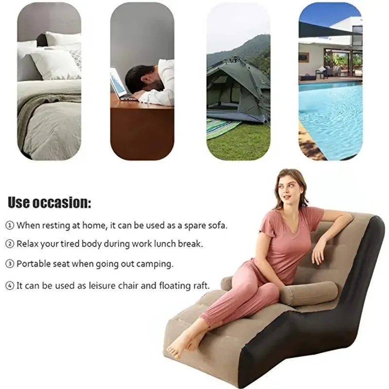 Inflatable Chaise Lounge Flocking Backrest Sofa Rocking Chair For Indoor Outdoor Home Terrace Garden Swimming Pool Camping