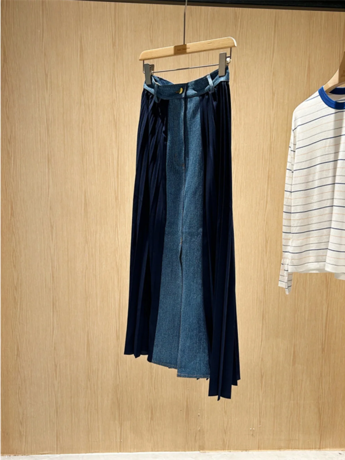 

Deep Blue Midi Pleated Denim Skirt Women's New Autumn Arrival High Waist A-Line f-length Skirts Faionable Commute Sle