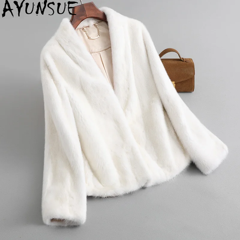 

AYUNSUE Куртка из натурального норкового меха, женская куртка из натурального меха с v-образным вырезом и длинными рукавами для женской одежды, высокое качество из цельной норки Abrigo Mujer