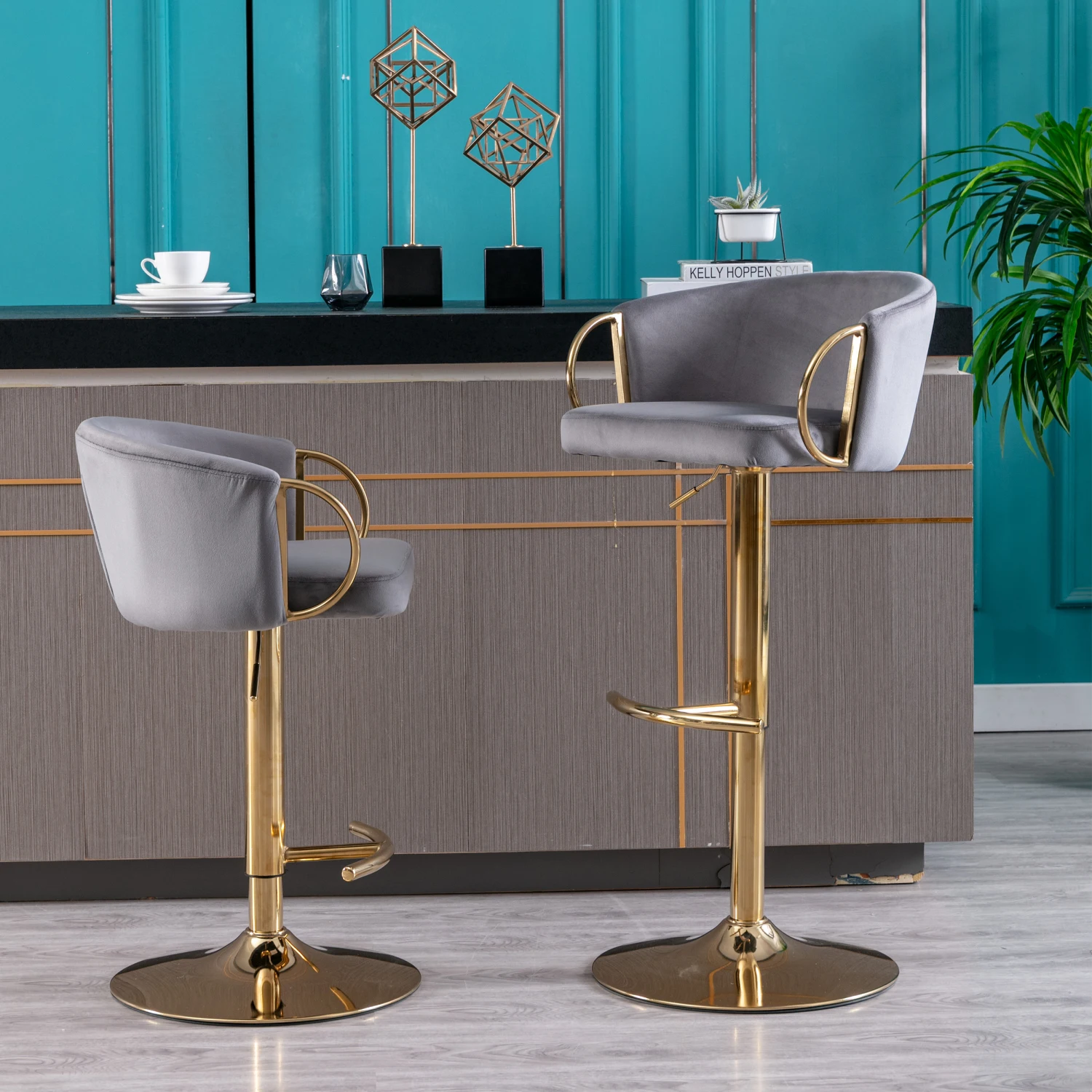 Swivel Bar Stools Set of 2 with Chrome Footrest, Height Adjustable Velvet + Golden Leg Simple Design Grey