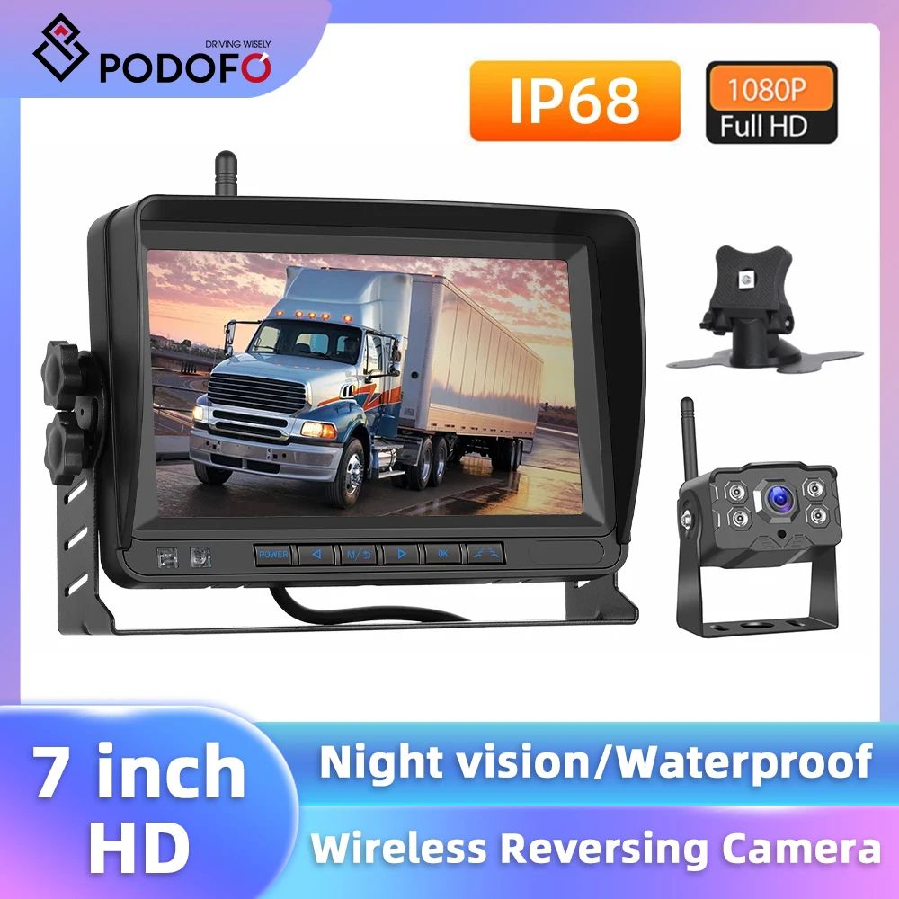 Podofo 7'' IPS Touch Screen Car Monitor Waterproof Wireless Camera Dashboard Wide Angle Dash Camera Reverse Cam Backup Monitor