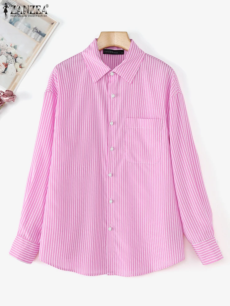 

ZANZEA Women Fashion Shirt Striped Printed Blouse Vintage Long Sleeve Pocket Tops 2025 Summer Lapel Collar Office Lady Tunics