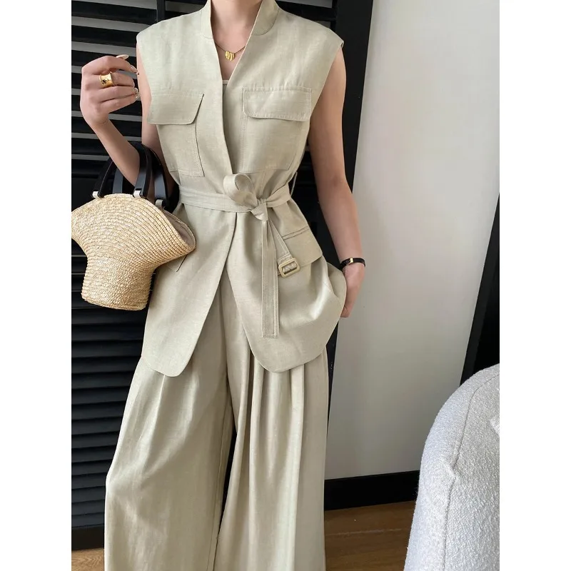 

SuperAen Linen Simple V-neck Casual Lace-up Top Spring Casual Solid Color Oversize Long Wide-leg Pants Sets
