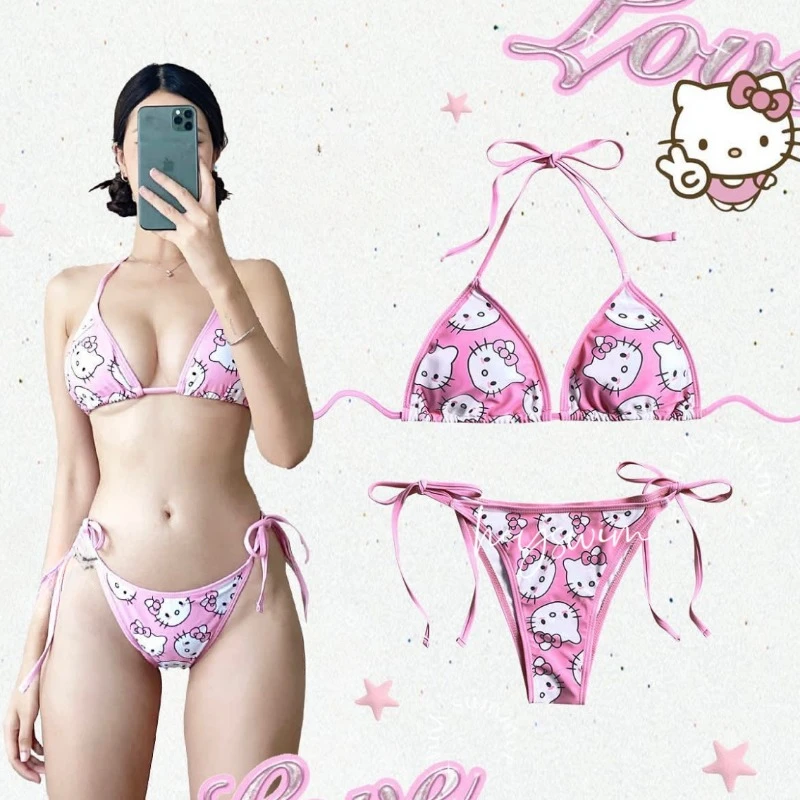 Sanrio Hello Kitty Sexy Women Swimwear Bikini Set Y2K Summer Beach Soft Side Strappy Panties Wire Free Bra Underwear Set Gifts