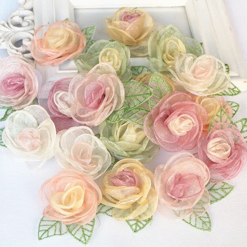 10Pcs 5.5CM Organza Chiffon Fabric Artificial Flower With Leaves Wedding Dress Decoration Home Accessories DIY Fake Flowers