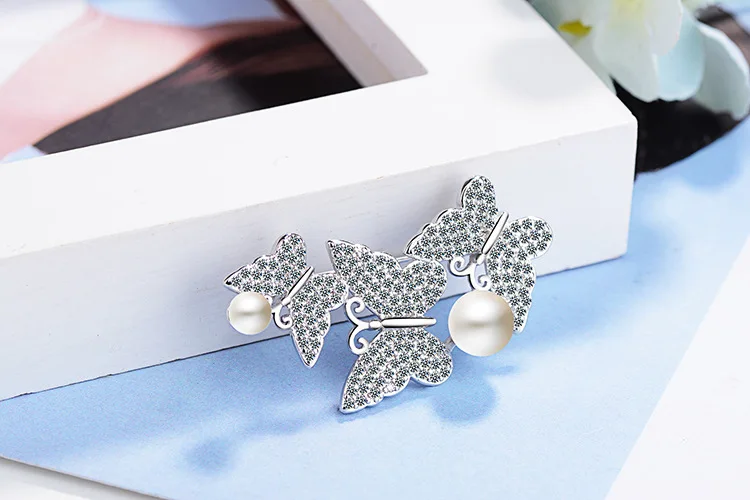 Luxury Butterfly Pearl CZ Crystal 925 sterling silver Brooches for Women Wedding Suit-coat Insect Broches Pins Party Jewelry