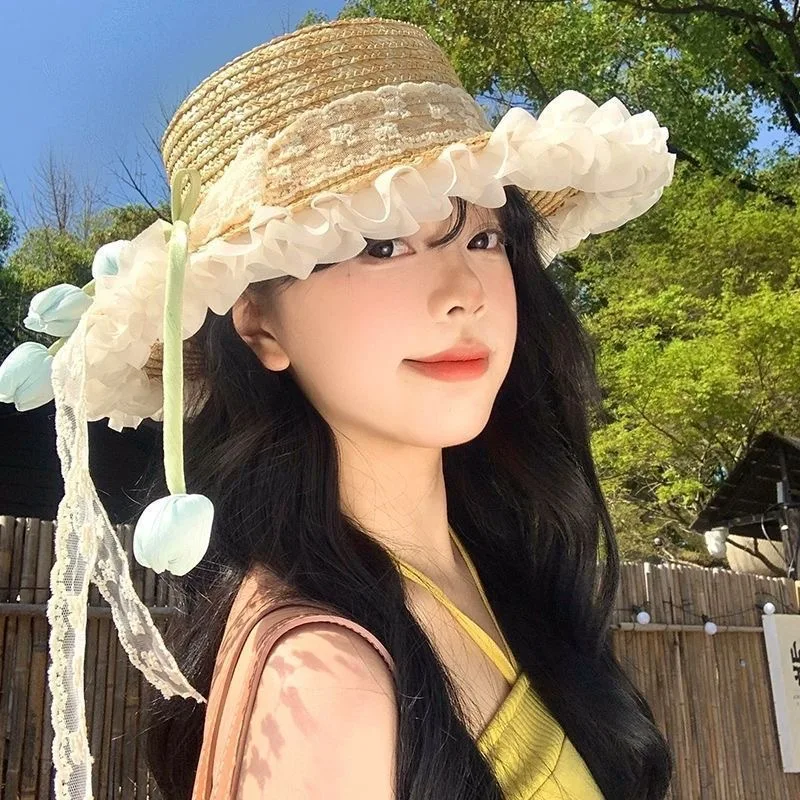 Women's Sun Protection Hats Tulip Bow Sweet Kawaii Fashionable Countryside Style Grass Hats Beach Ribbon Woven Grass Sun Hats