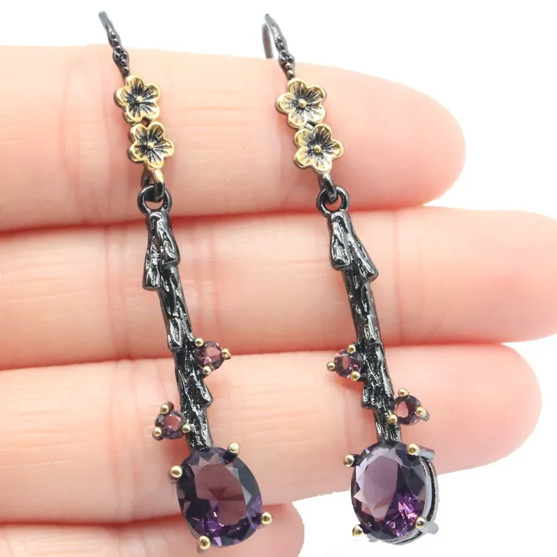 Buy 3 Get 1 Free 55x8mm  6g Purple Amethyst Dark Blue Topaz For Ladies Black Gold Earrings