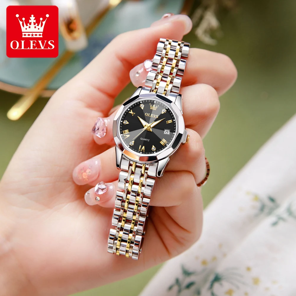 OLEVS Women\'s Watches Diamond Elegant Rhombus Original Quartz Ladies Wristwatch Stainless Steel Waterproof Luminous Watch Clock