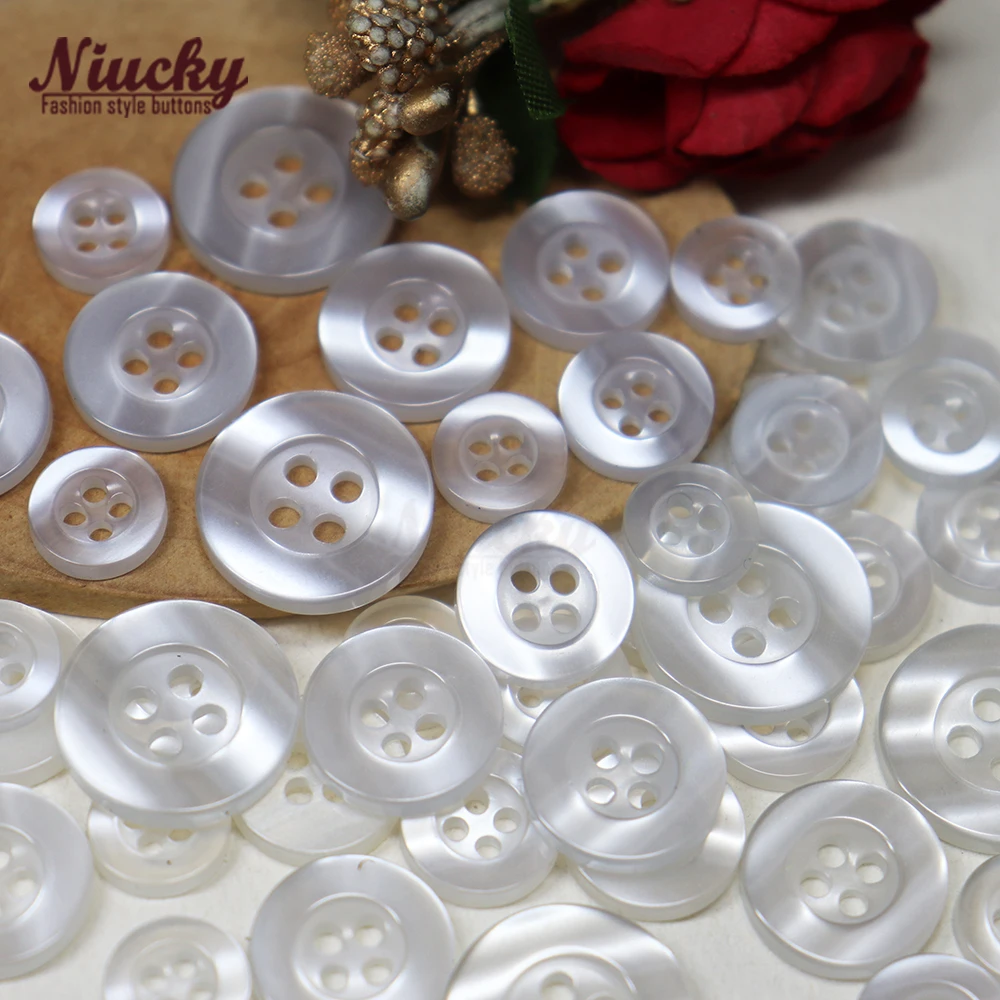 Niucky  9mm - 15mm 4 Holes Broad Edge White Ripple Buttons for Sewing Basic Resin Clothing Sewing Accessories Supplies R0201-068