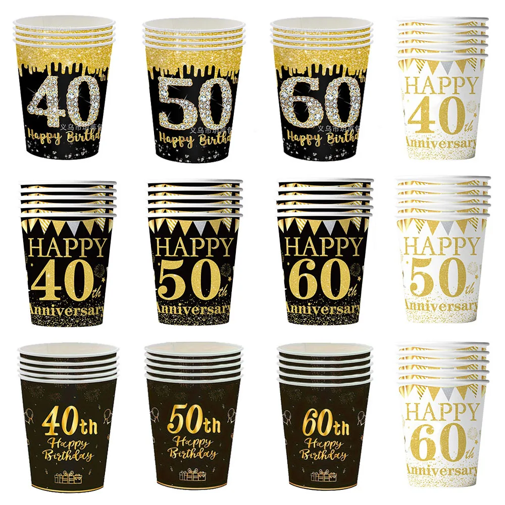 40 50 60. Geburtstag Dekorationen Pappbecher Einweg-Trinkbecher Gold und Schwarz Party Männer Frauen Geburtstag Jubiläumszubehör – Detail 1