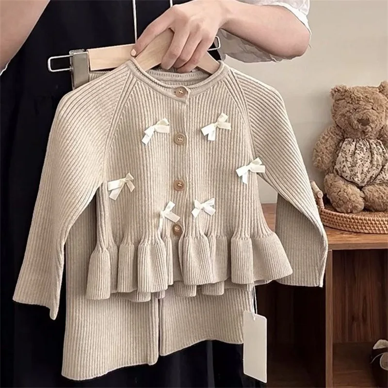 2025 New Arrival Children's Sets for Girls Long Sleeve Knitted Cardigan Top with Trendy Design and Two Pieces for Kids