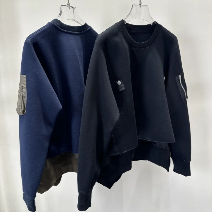 2025 Autumn Winter New Women's Japanese-Style Niche Design Deconstructed Color Block Spliced Crew Neck Loose Sweatshirt Jacket