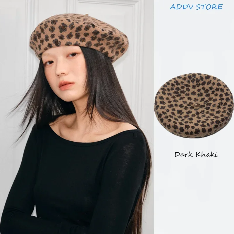 Leopard Print Woolen Beret  Europe and The United States Fall and Winter Women's Fashion Painter Hat