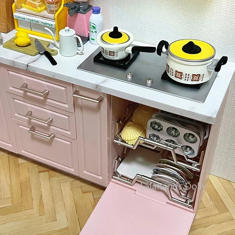 1/6 itens de móveis em miniatura para casa de bonecas, armários de cozinha de madeira/armário de fogão integrado, acessórios de decoração de cozinha