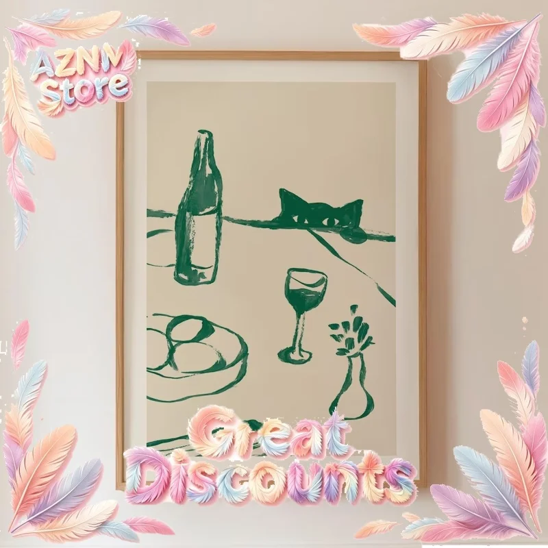 2026 Sneaky Cat Wine Canvas Print Kitchen Wall Art Abstract Bar Cart Decor Whimsical Animal Sketch Picture Scandi Dinner Party 